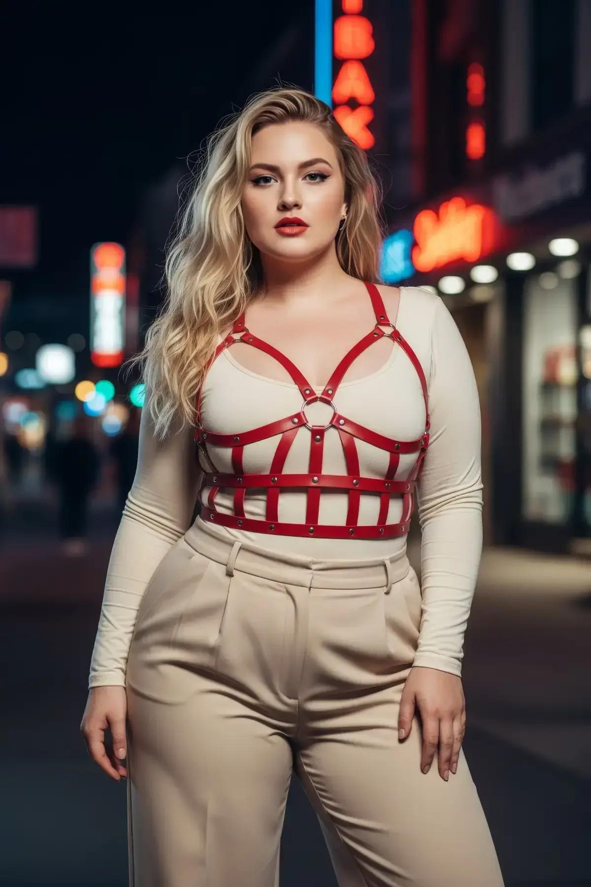 red faux leather bustier harness styled over white bra with beige pleated skirt street fashion look