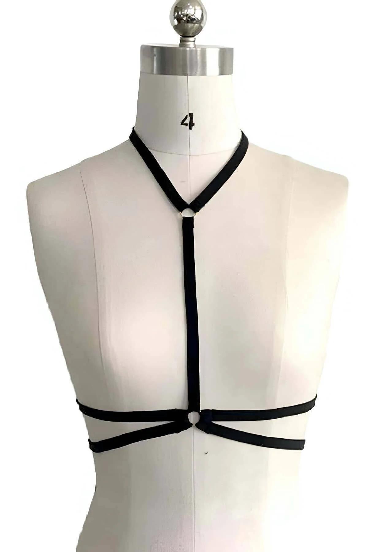 Minimalist Black Chest Harness with O-Ring and Choker Collar