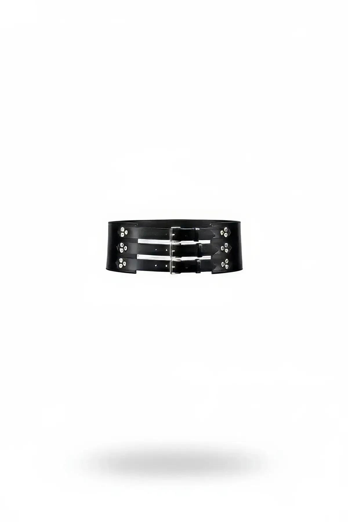 black faux leather wide waist cincher belt with three silver pin buckles front view