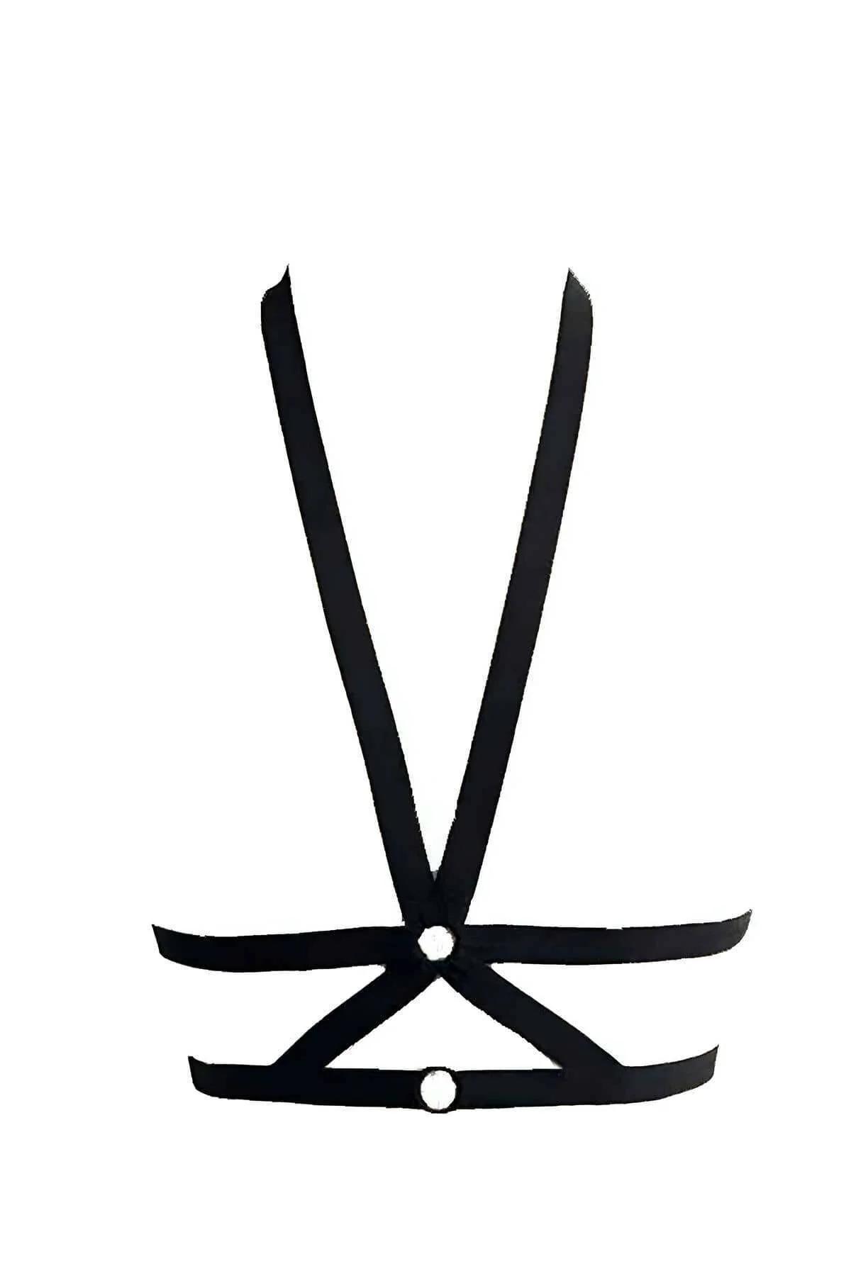 Black Strappy Chest Harness with Geometric Cage and O-Ring Center