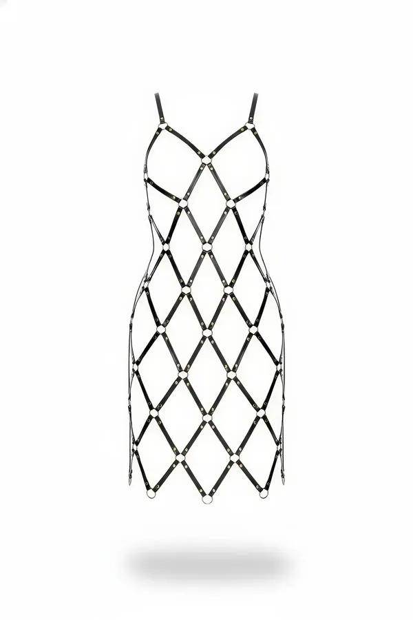 Black faux leather diamond mesh harness dress with silver O-ring connectors at every strap junction, full lattice mini-dress 