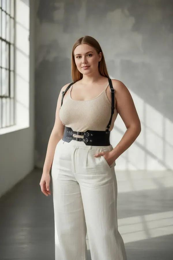 black wide faux leather waist harness with dual silver-tone buckle shoulder straps worn over white ribbed top and cream pleat