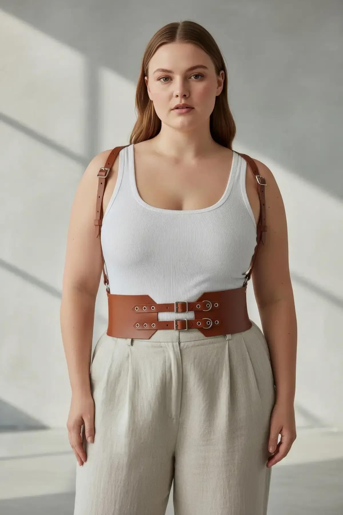 tan vegan leather harness belt with slim shoulder straps shown from back angle
