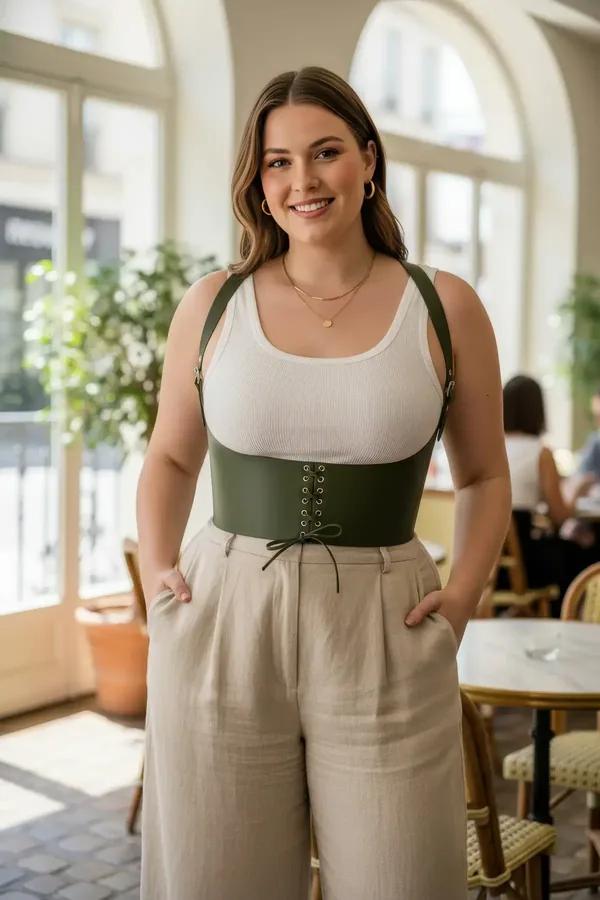 olive green faux leather lace-up underbust corset harness with adjustable shoulder straps worn over white ribbed tank top