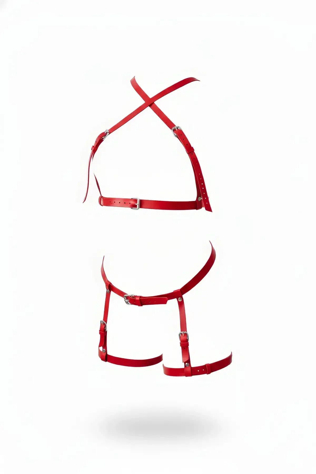 Red faux leather chest and leg garter harness set with X-cross straps and silver pin buckles on white background