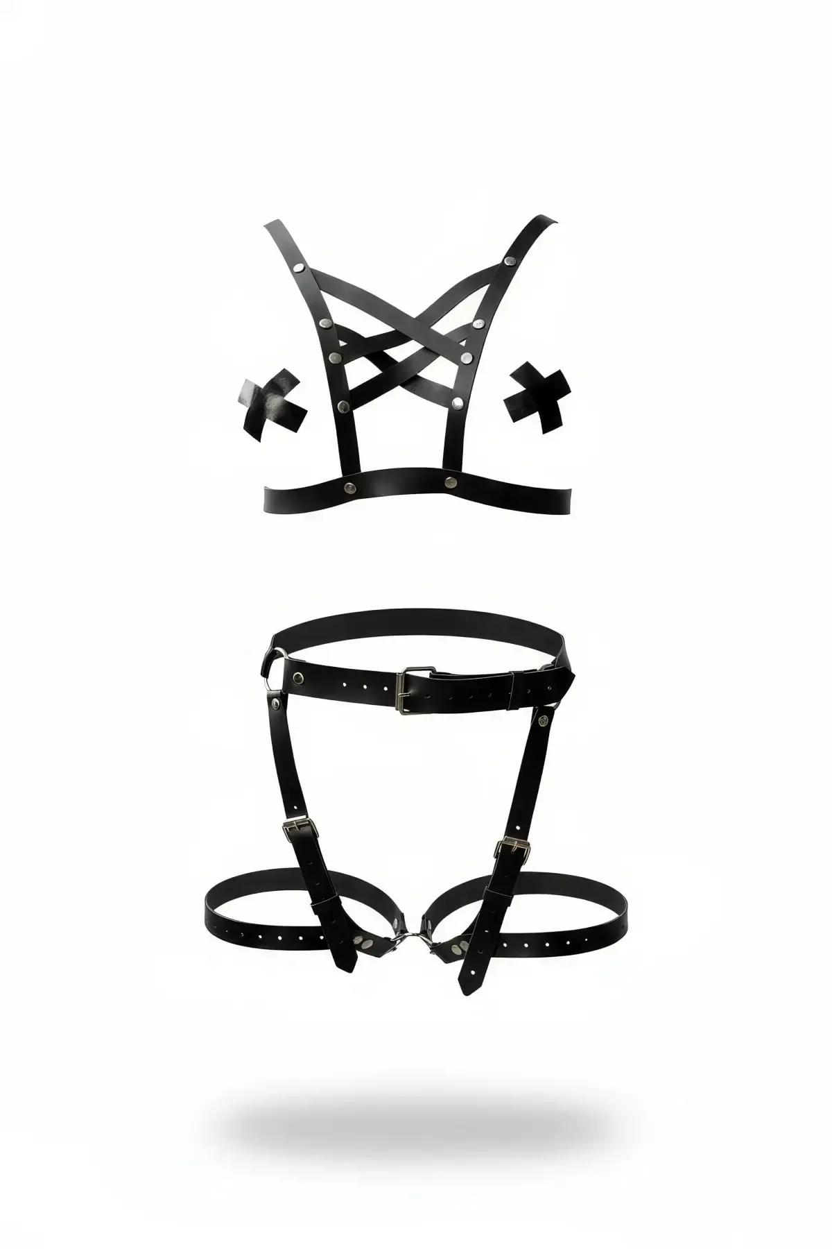 black faux leather cross detail chest harness and garter leg straps set with silver stud hardware