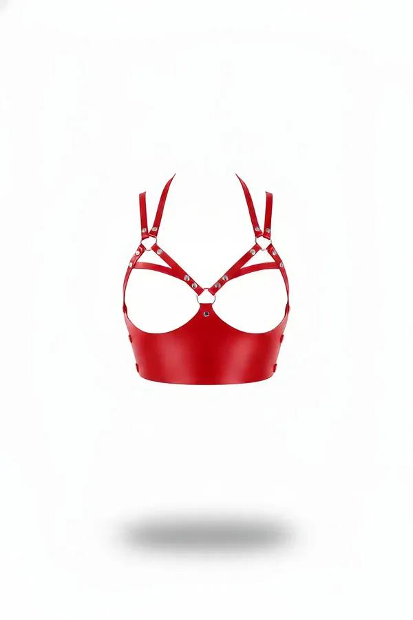 red faux leather open cup bustier harness with silver stud rivets and center O-ring, front view
