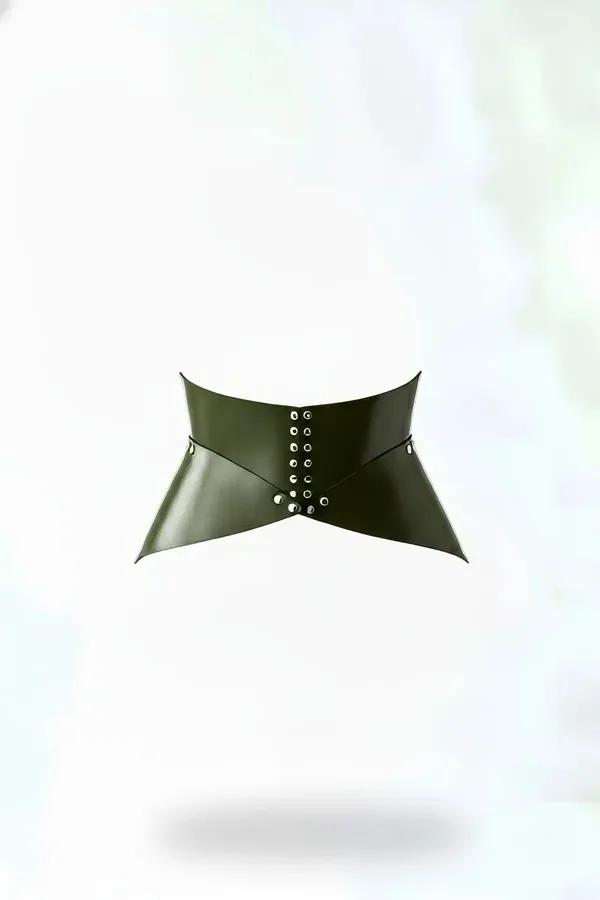 olive green faux leather studded waist cinch harness with angular contoured panels and silver eyelet front closure