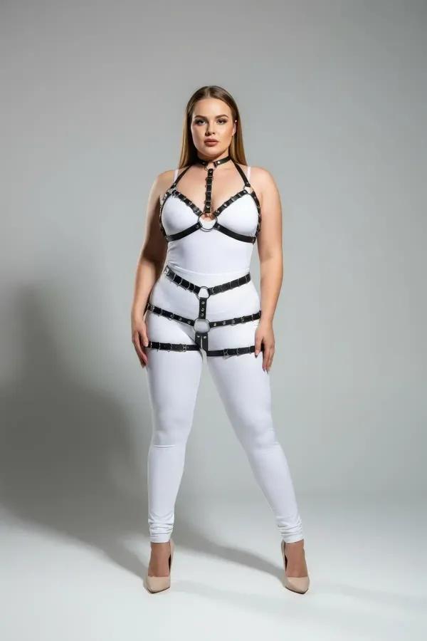 black faux leather full body harness with choker collar O-ring chest straps and upper thigh leg garters on plus-size model
