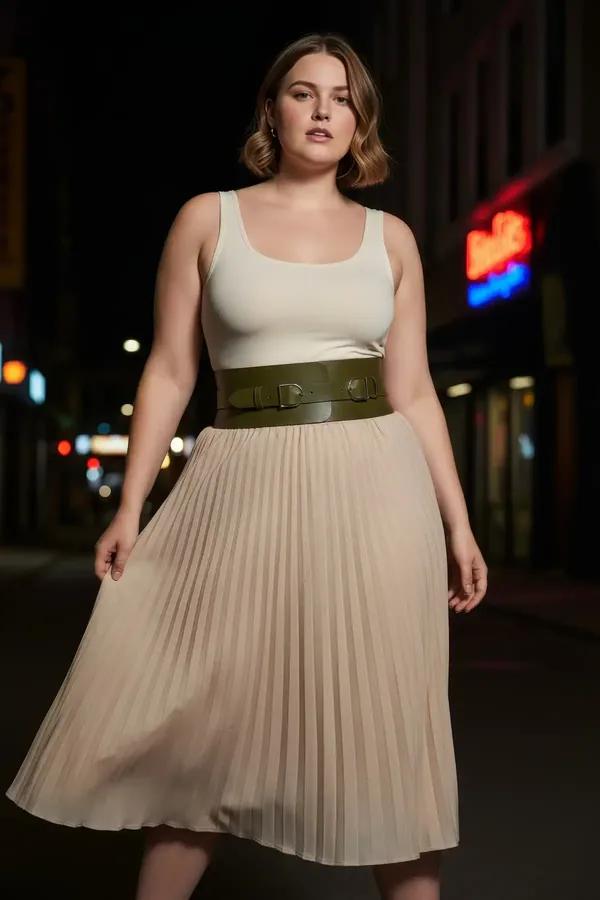wide olive green vegan leather waspie waist belt with double silver D-ring buckles worn over white tank and beige trousers