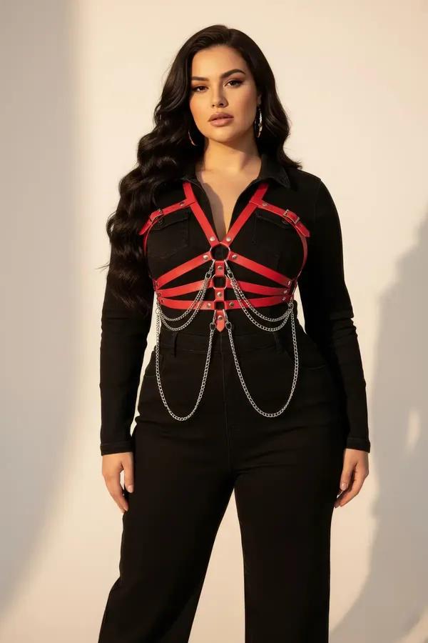 red faux leather chest harness with draping silver chains and O-ring worn over black dress, street style