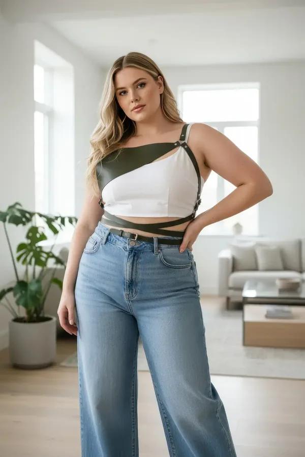 asymmetrical two-tone harness crop top olive green faux leather diagonal strap with white base and silver hardware