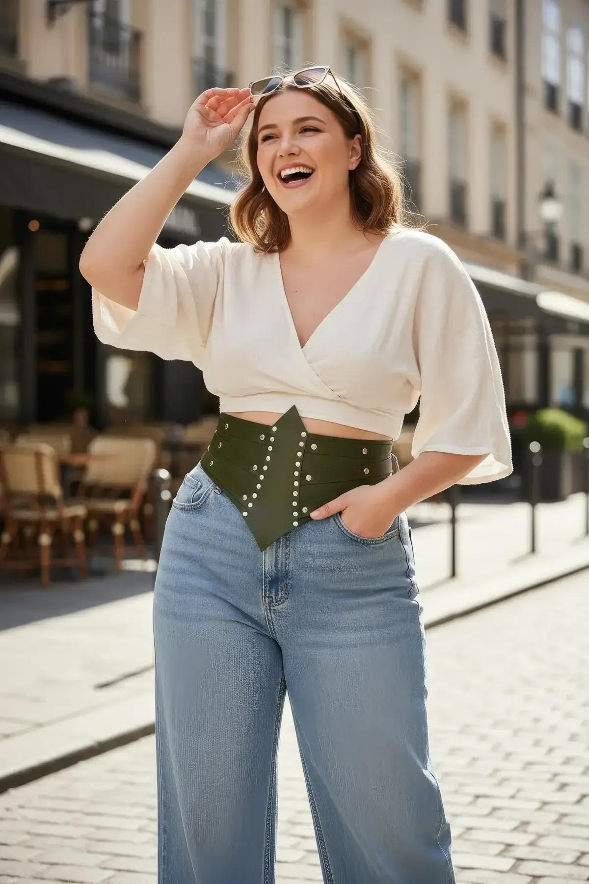 olive green faux leather wide belt with double row silver studs worn over white crop top and blue jeans