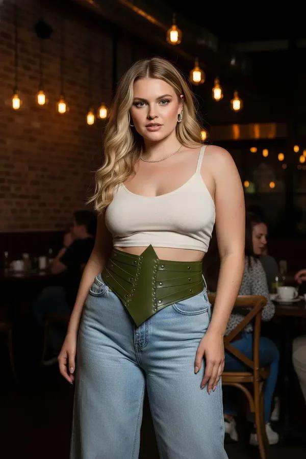 khaki faux leather waspie waist cincher with silver stud rows and pointed V-hem front panel