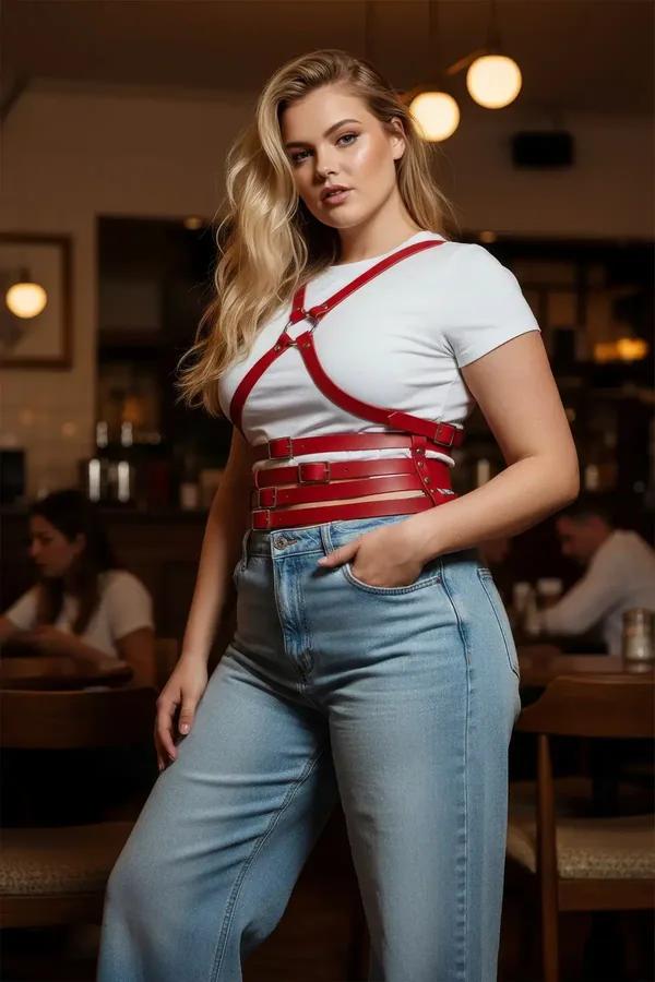 Red faux leather waist and chest harness set with gold O-ring and triple-buckle waist cincher worn over white top
