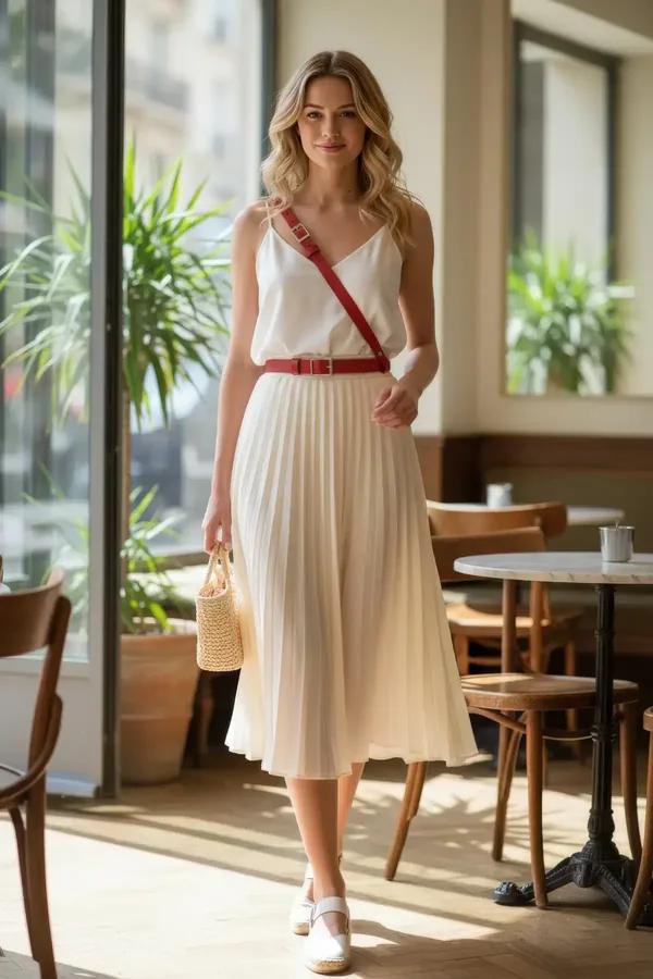 Red faux leather adjustable strap worn as waist belt and crossbody with gold rectangular buckle hardware