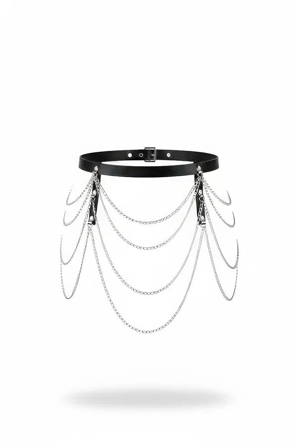 black faux leather waist belt with five cascading draped silver chain rows and silver buckle closure