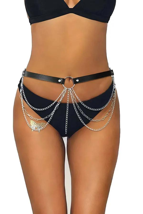 Zincirli bel harness siyah vegan deri kemer gümüş O-ring ve 5 sıra sarkma zincir detayı