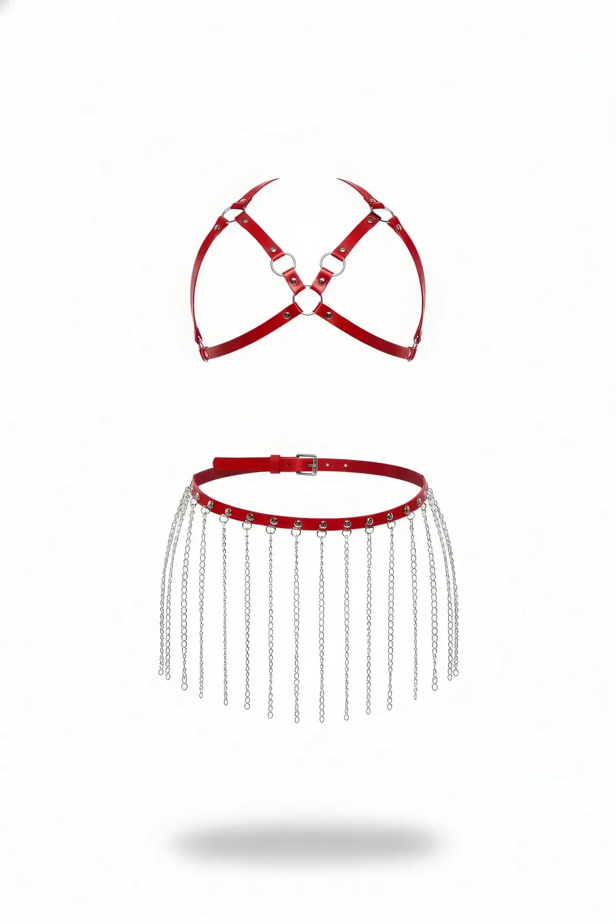 Red faux leather body harness set with silver O-ring chest piece and chain fringe skirt belt on white background