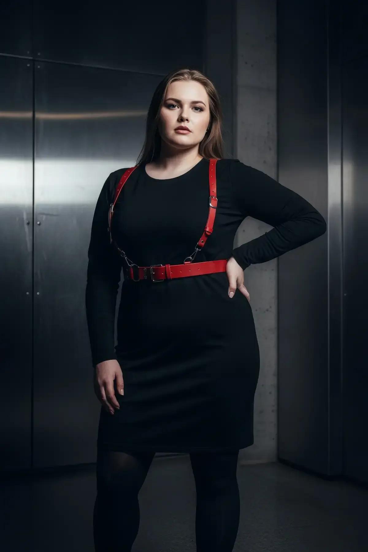 Red faux leather suspender waist harness belt with silver D-rings and chain connectors worn over black dress