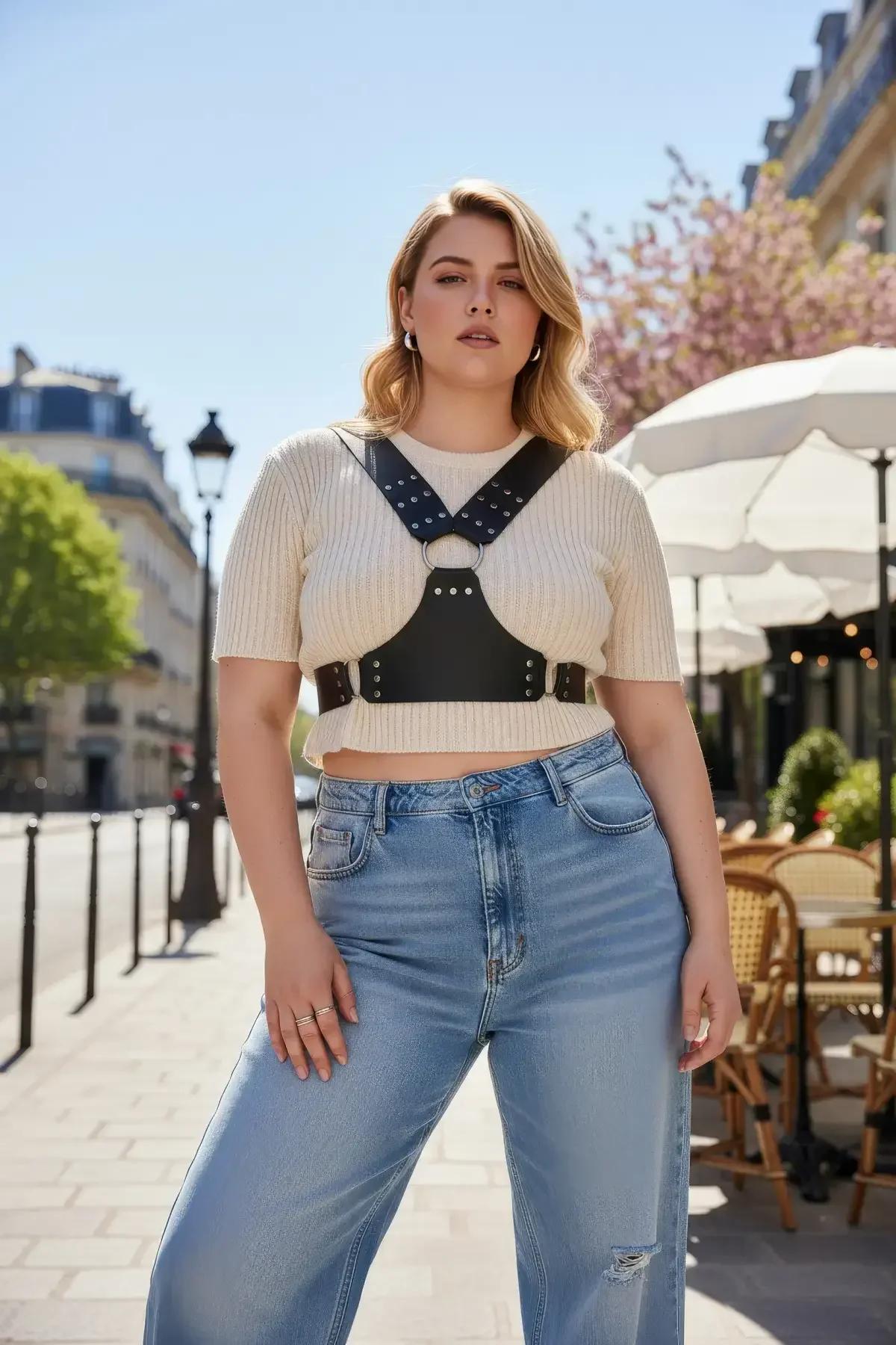 black faux leather chest harness with silver studs and front O-ring worn over cream knit sweater