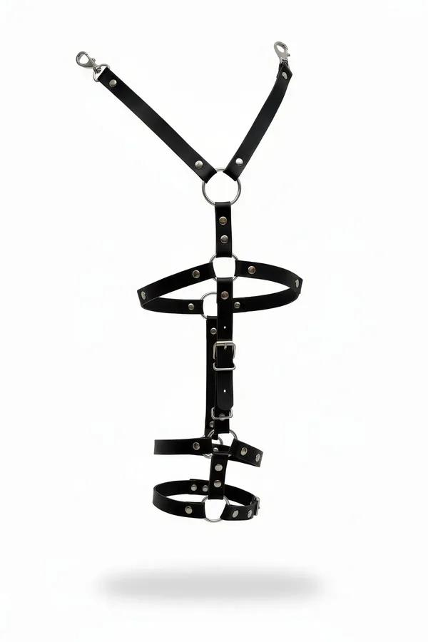 black faux leather garter harness with four silver O-rings and dual adjustable thigh bands front view