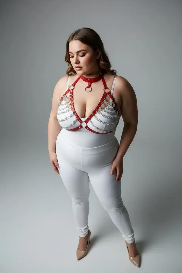 red faux leather body harness with cascading gold chains choker collar and dual O-rings worn as chest harness