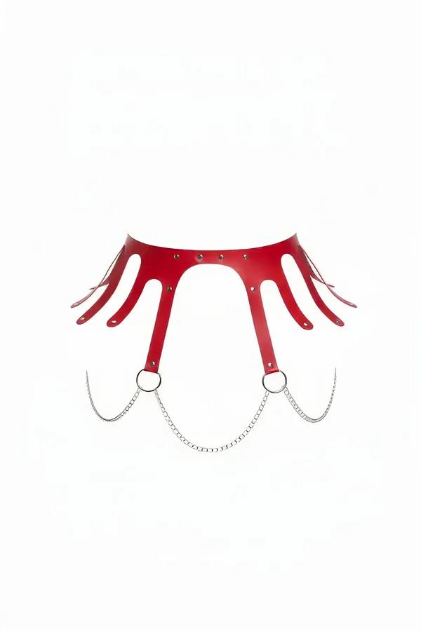 Red faux leather waist harness with petal-cut extensions, silver rivets, twin O-rings, and draped chain