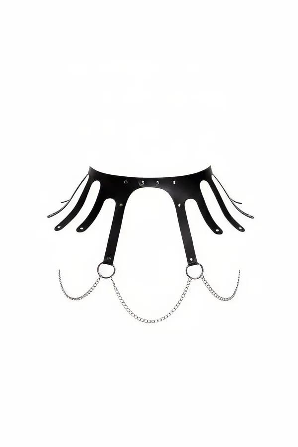 Black faux leather underbust harness with multi-strap cutout panels and detachable silver chain on two O-rings
