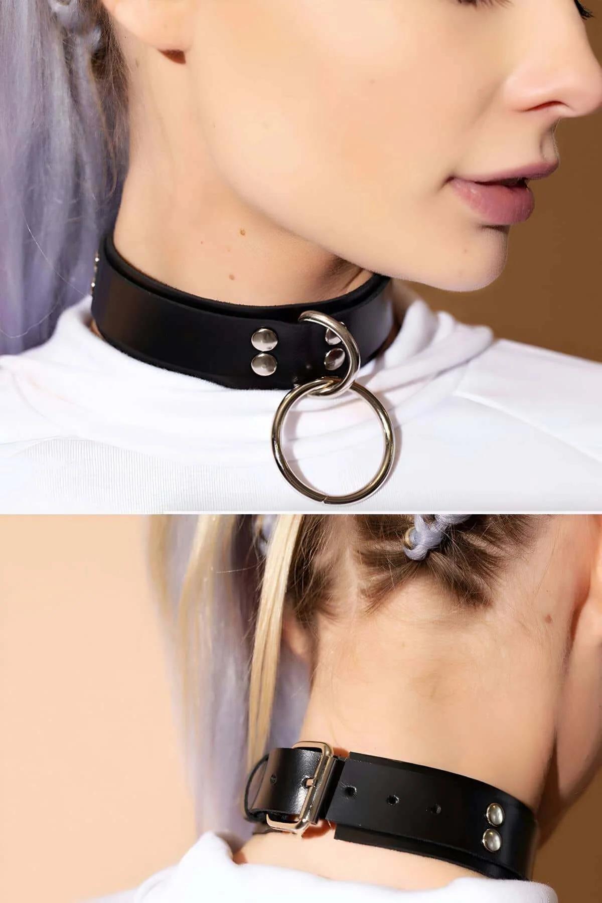 siyah deri choker gümüş perçin donanım yan görünüm boyunluk aksesuar