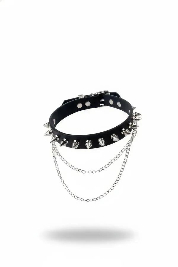 Siyah vegan deri choker gümüş konik spike zımbalı ve çift sarkık zincirli gerdanlık
