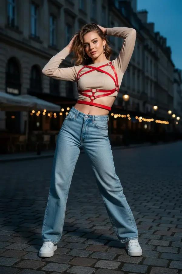 Red faux leather criss-cross chest harness with silver O-rings worn over beige top and wide-leg jeans