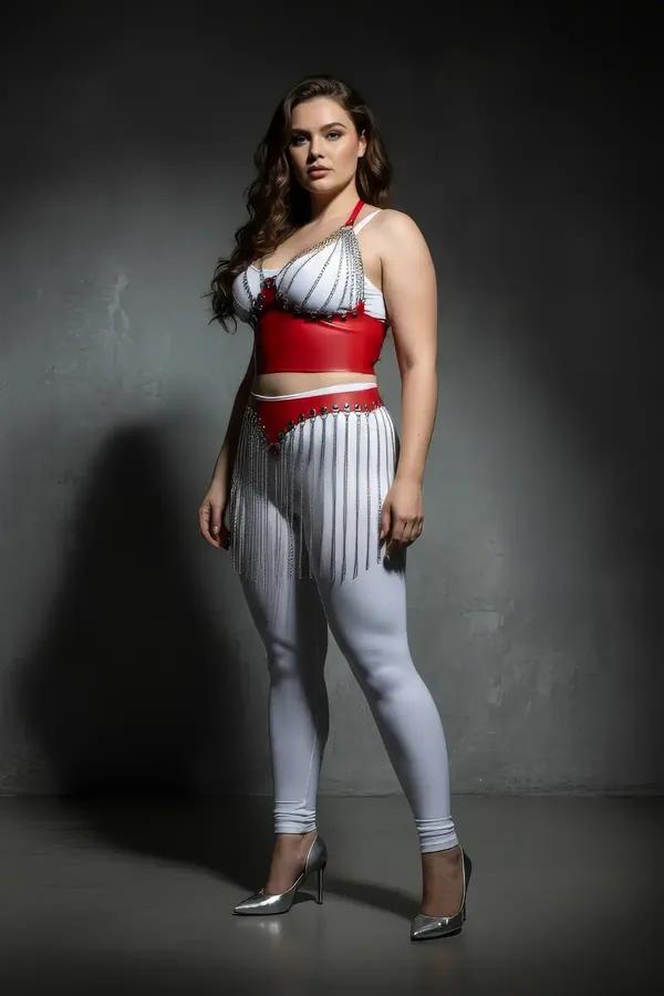 red vegan leather chest harness with white sculpted cups and silver chain fringe skirt overlay front view