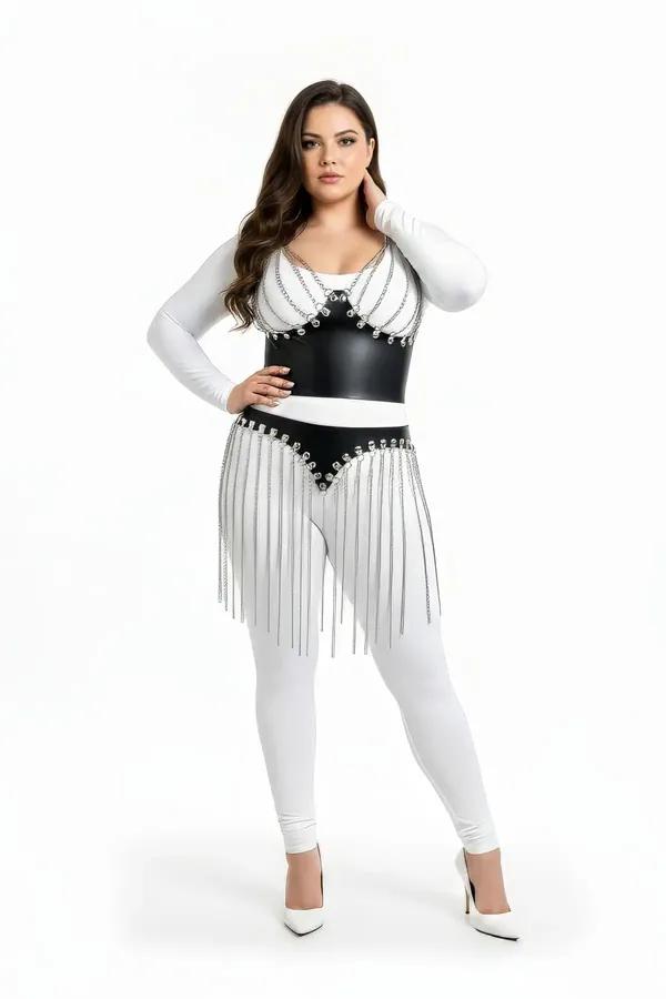 Black faux leather bustier with silver draped chain detail and matching chain fringe hip skirt set, worn over white bodysuit