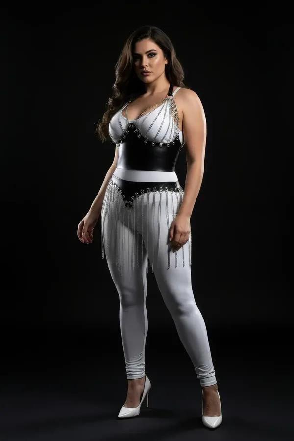 Black faux leather bustier with silver draped chain detail and matching chain fringe hip skirt set, worn over white bodysuit