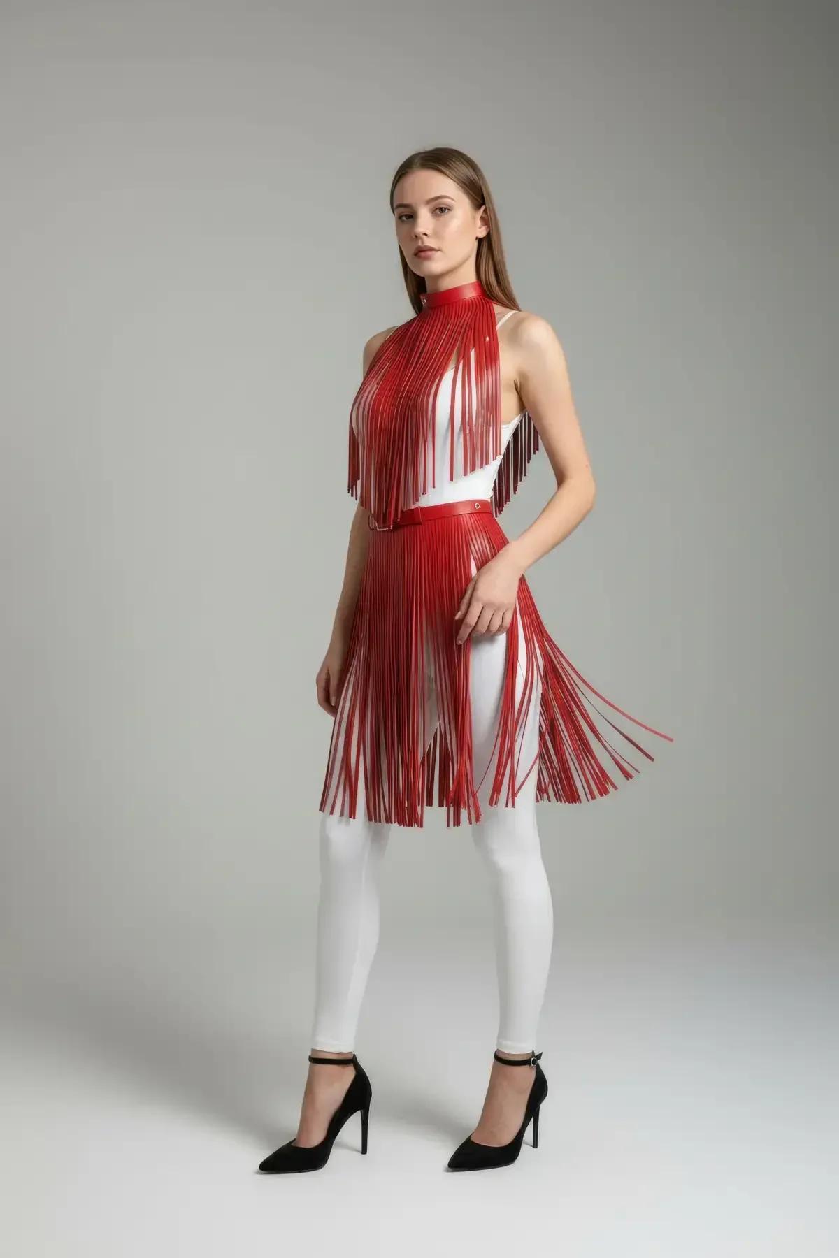 red PU fringe overlay skirt front view showing upper and lower fringe tiers on high waistband