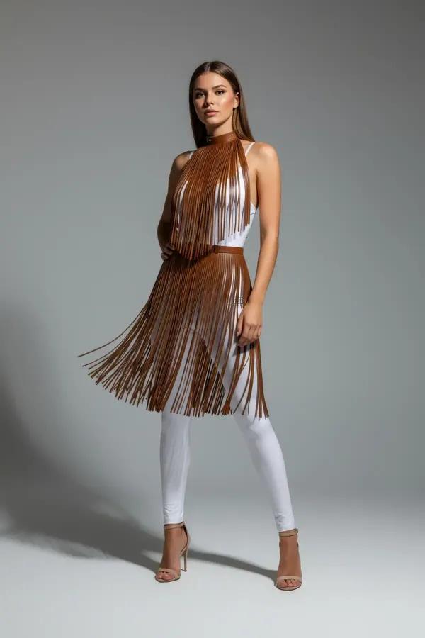 tan faux leather fringe halter harness set with waist skirt overlay, warm brown color, cascading fringe strips front view
