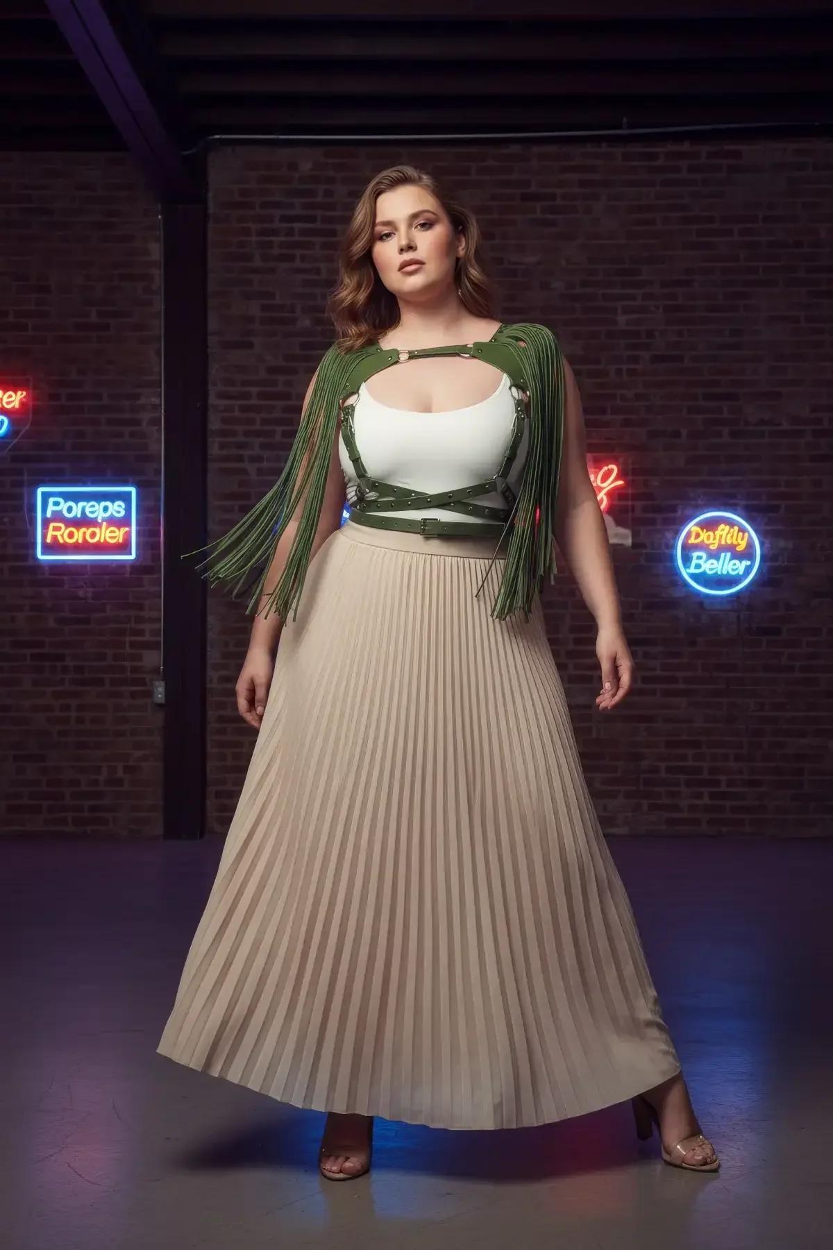 büyük beden haki vücut aksesuar kemeri beyaz tişört üzerine boho kombin