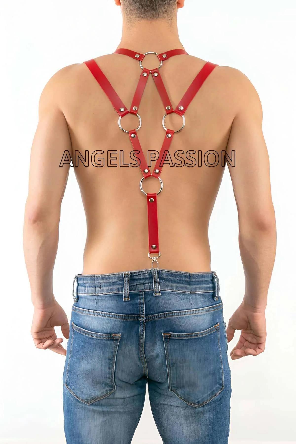 erkek harness kırmızı şerit yan görünüm çift ayar tokası ve metal klips