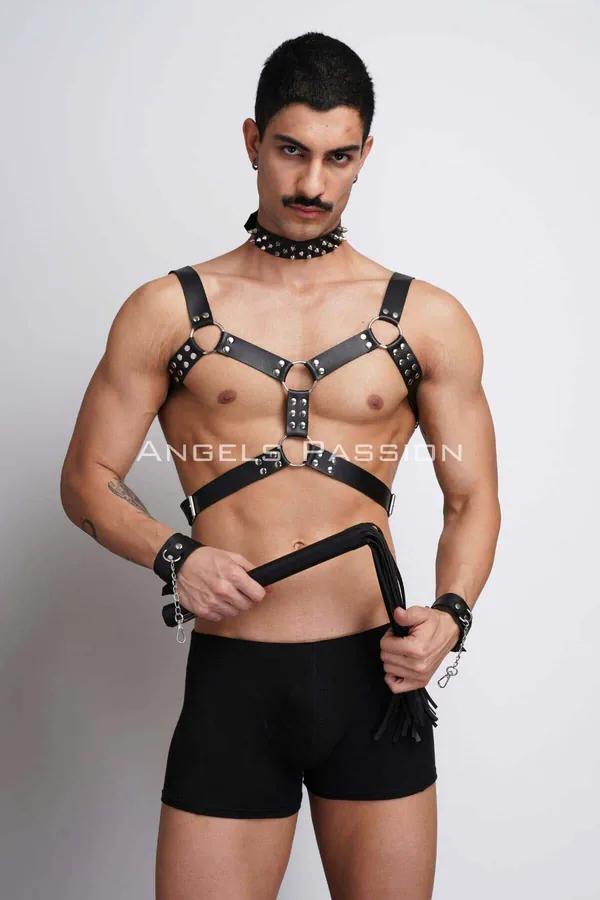 siyah vegan deri erkek harness takımı gümüş O-ring çivili choker bileklik ve kırbaç aksesuarı