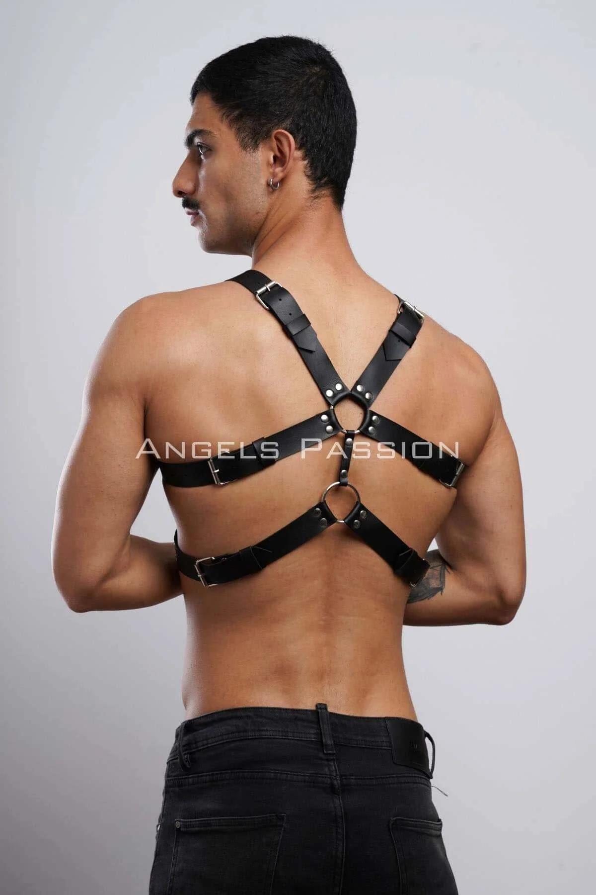 Black Studded Body Harness with Dual Gold O-Rings