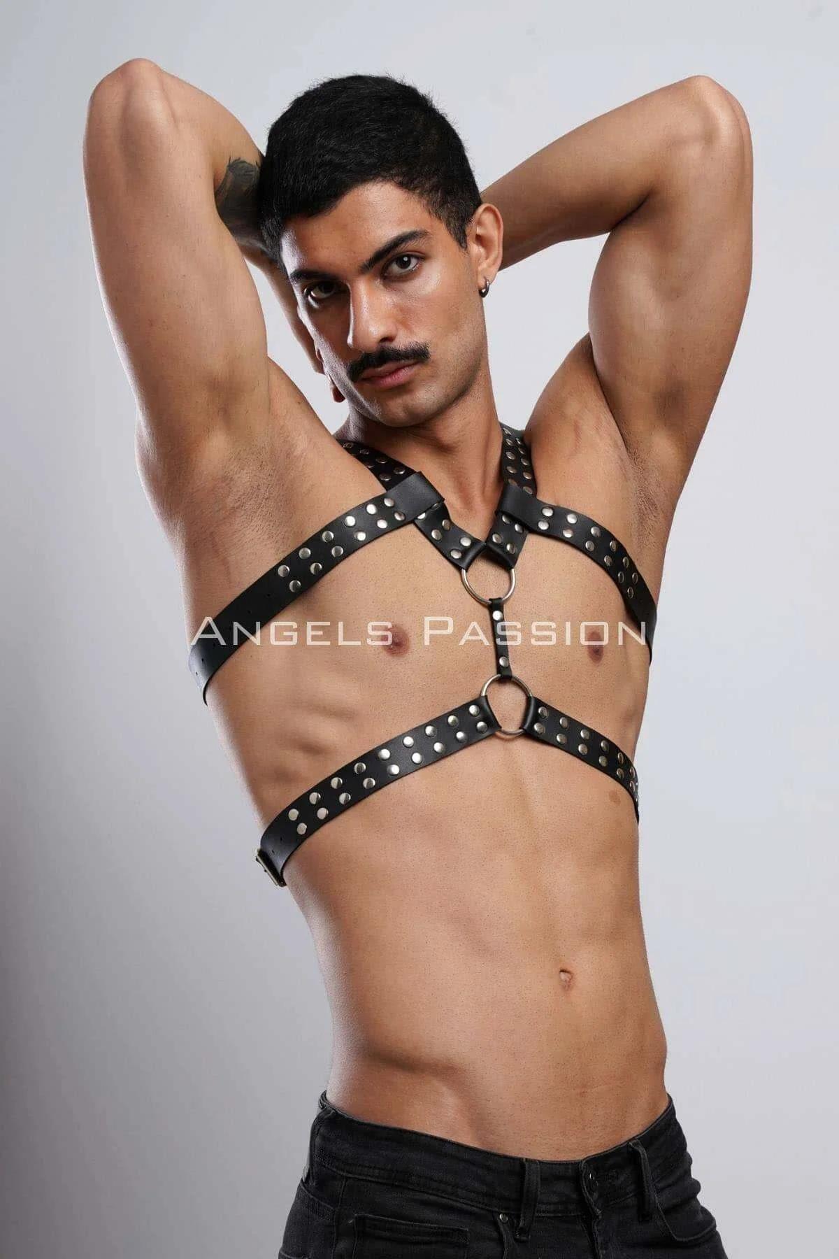 Black Studded Body Harness with Dual Gold O-Rings