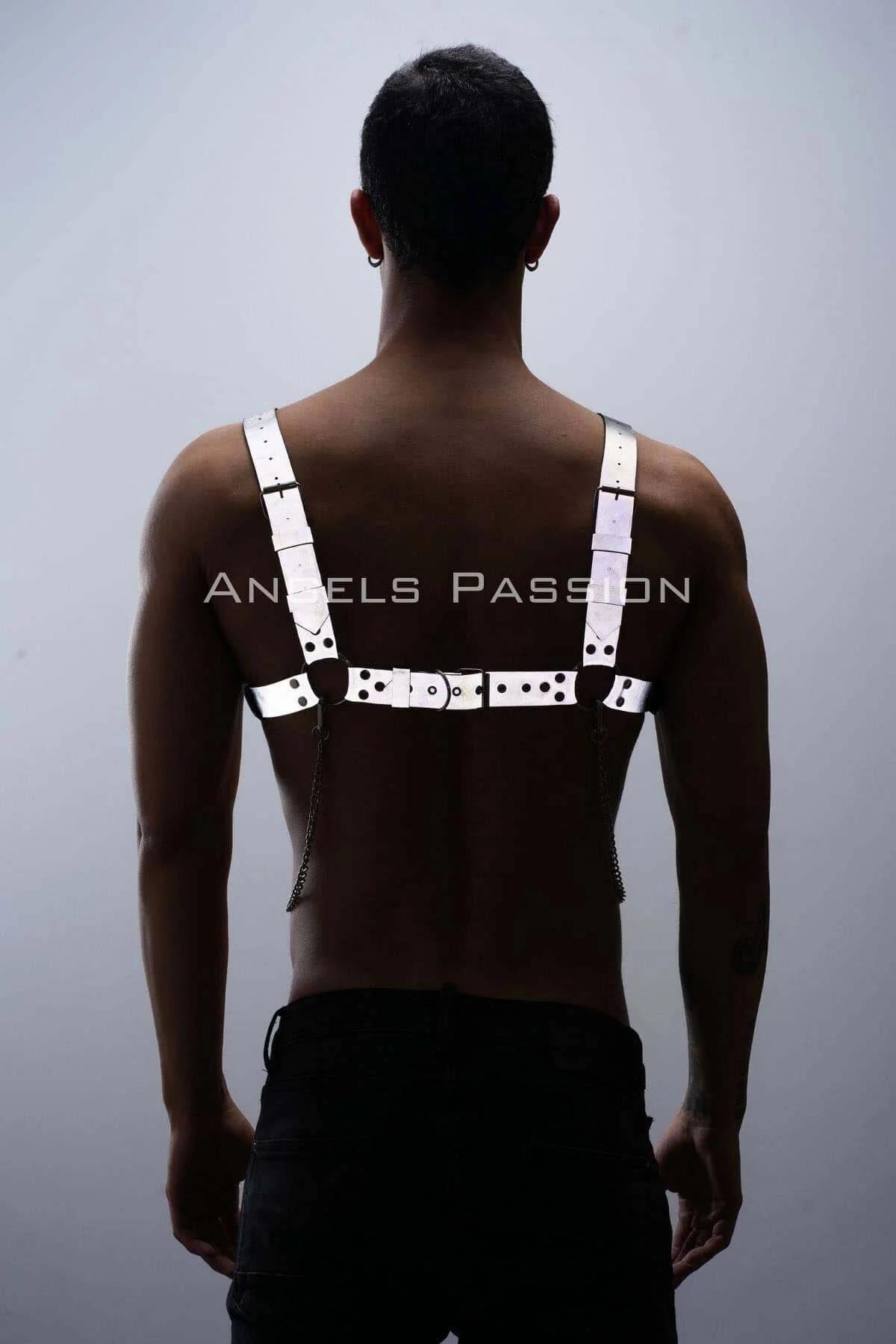 White Reflective Chest Harness with X-Cross Straps and Chain