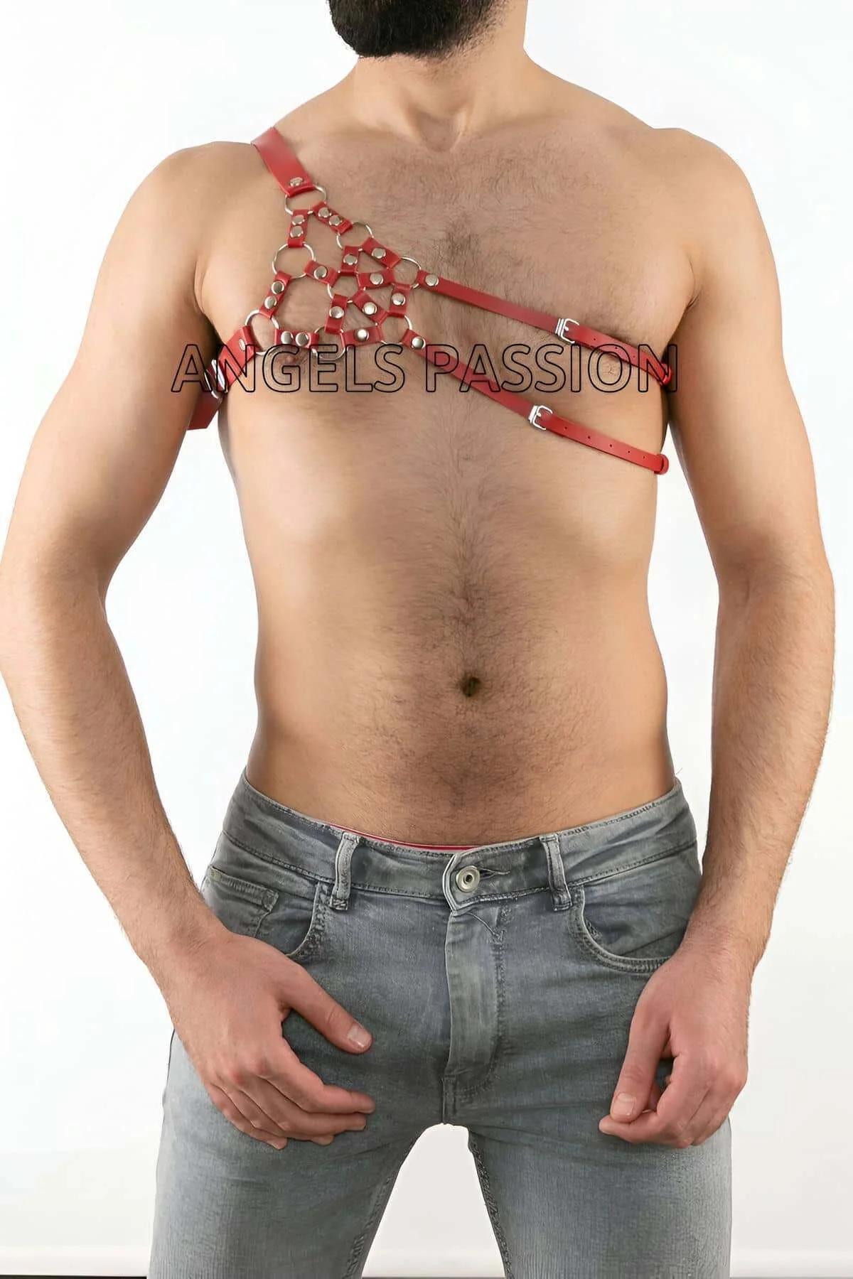 kırmızı PU deri tek omuz harness sağ omuz bel bandı detay görünüm
