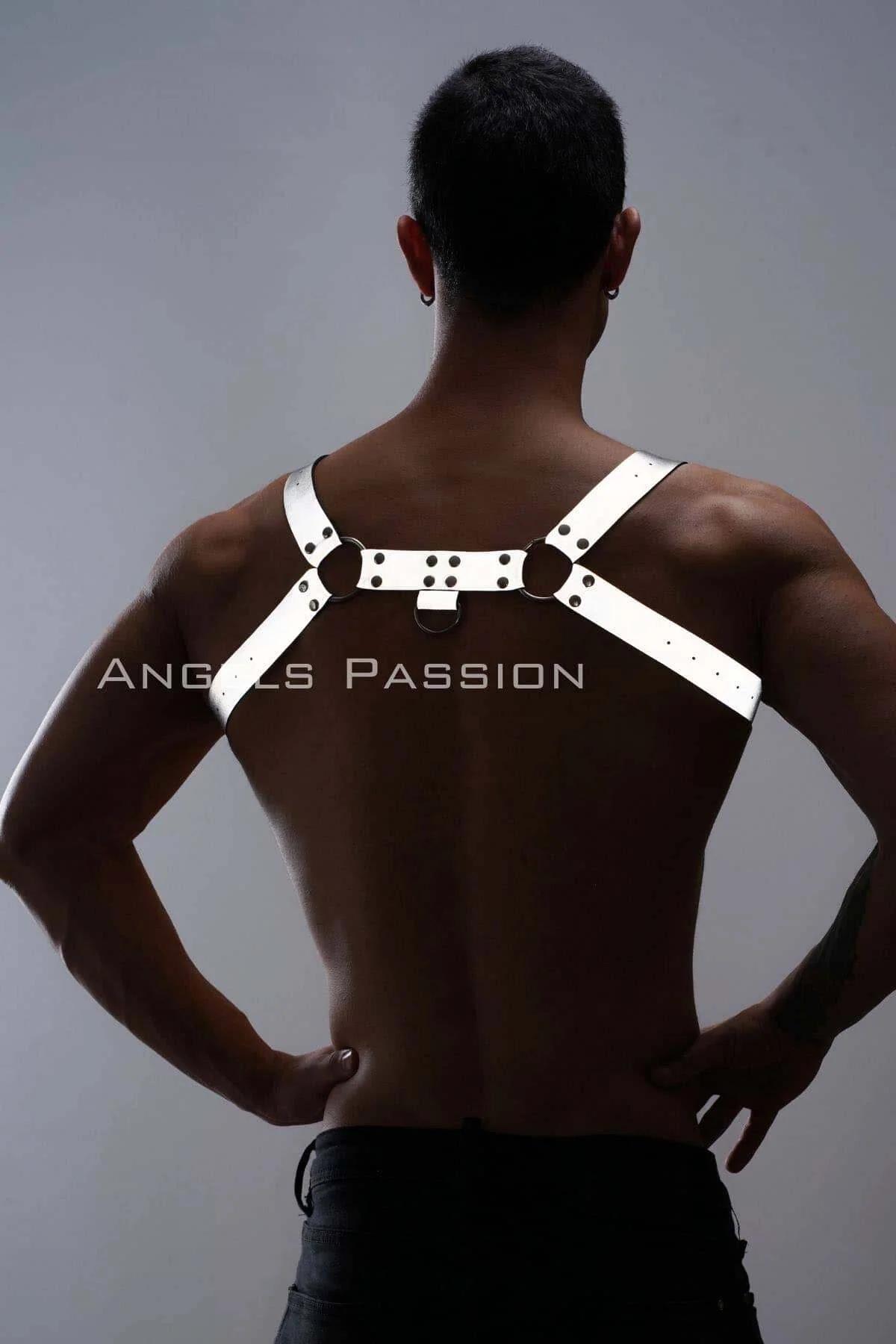 White Reflective Chest Harness with Dual O-Rings and Black Rivets
