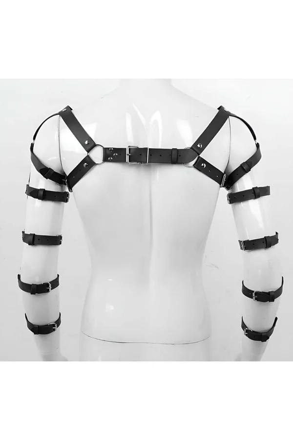 Erkek kol ve omuz harness siyah faux leather, gümüş toka, her kolda 4 bant, sırt görünümü