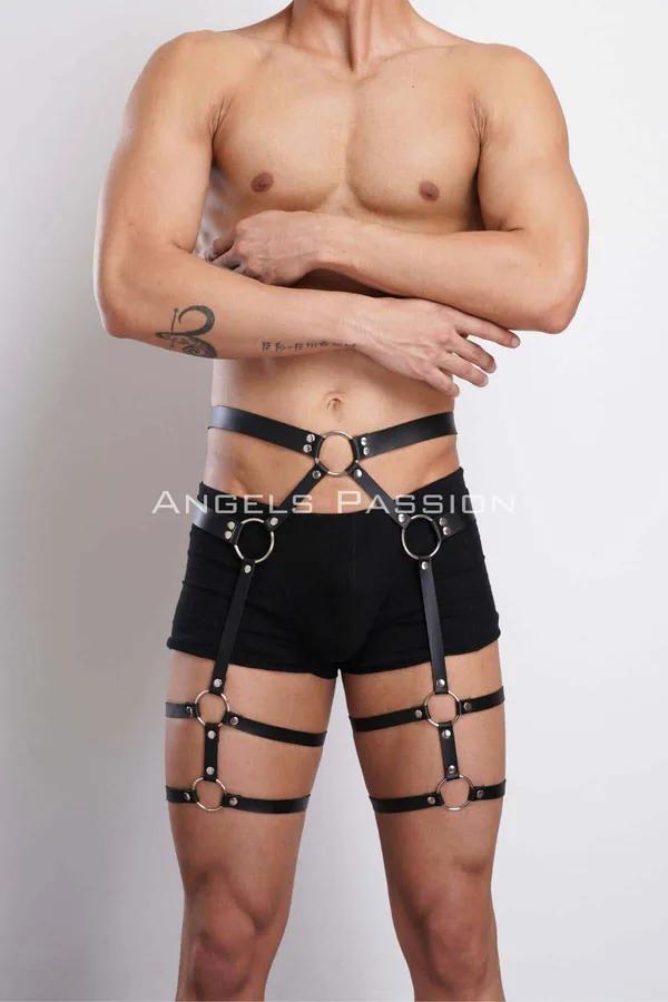 siyah vegan deri erkek bacak harness gümüş O-ring bel ve uyluk bandı jartiyer aksesuar