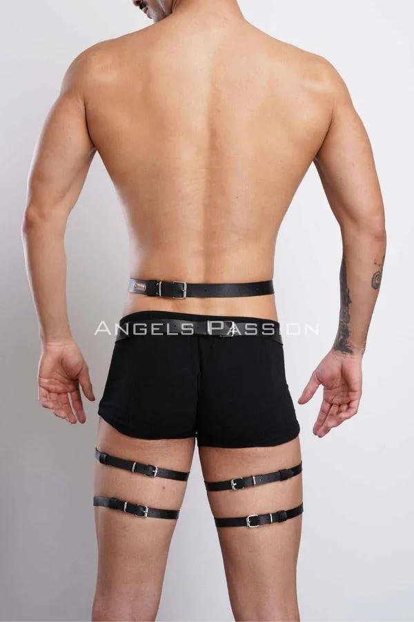 siyah vegan deri erkek bacak harness gümüş O-ring bel ve uyluk bandı jartiyer aksesuar