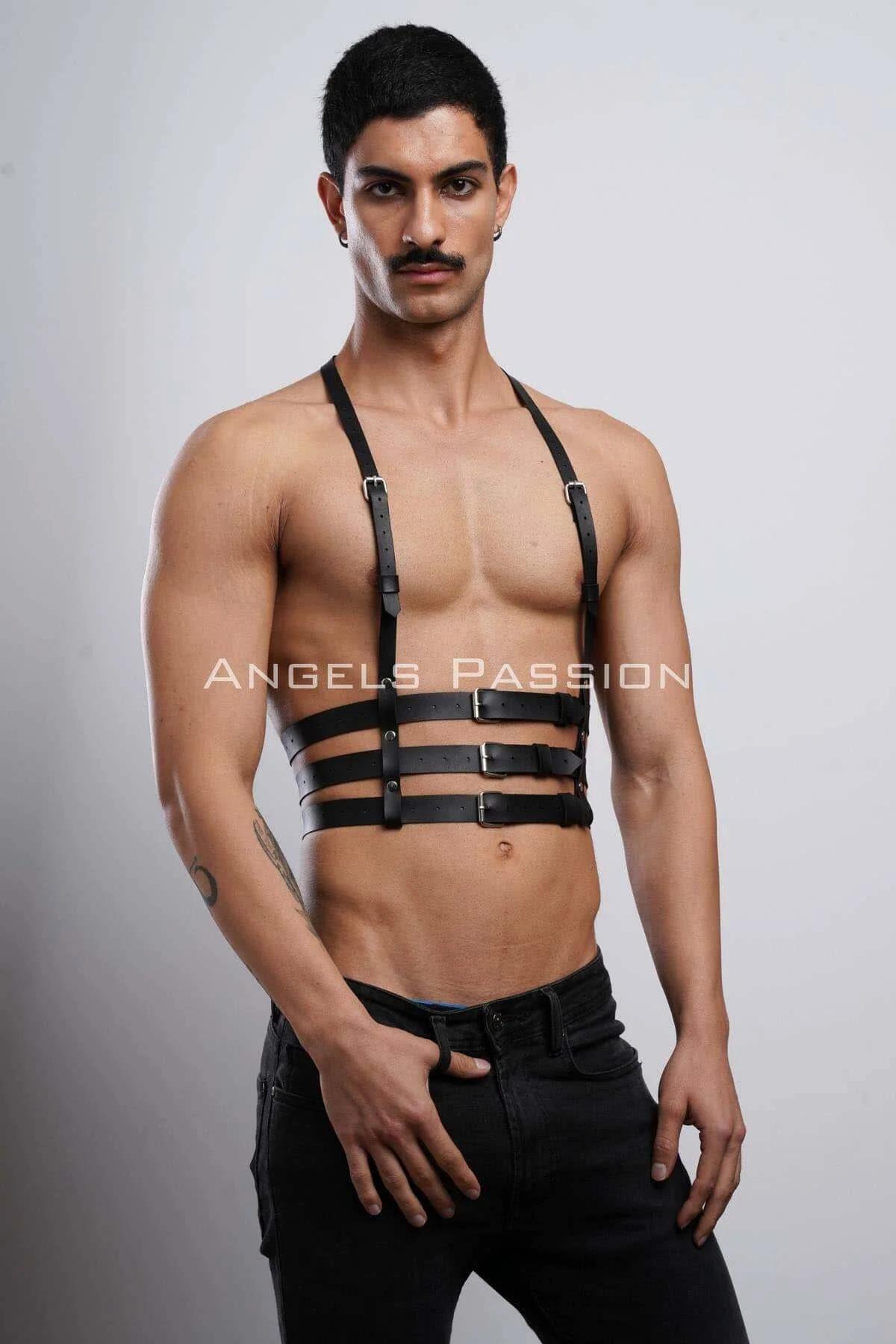 Men's Black Triple Strap Chest Harness with Buckles
