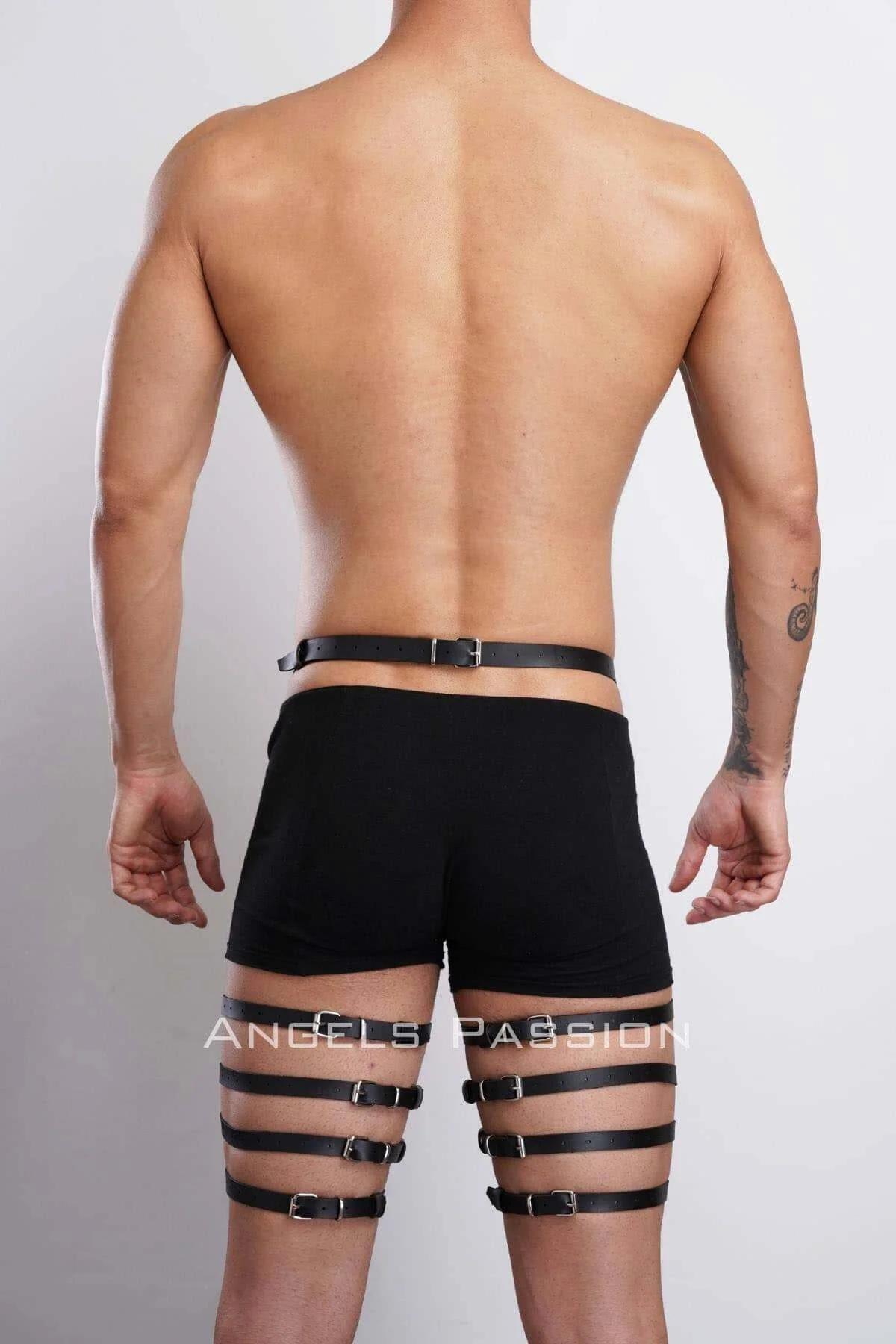 Black Faux Leather Leg Harness with Multi Strap Thigh Caging